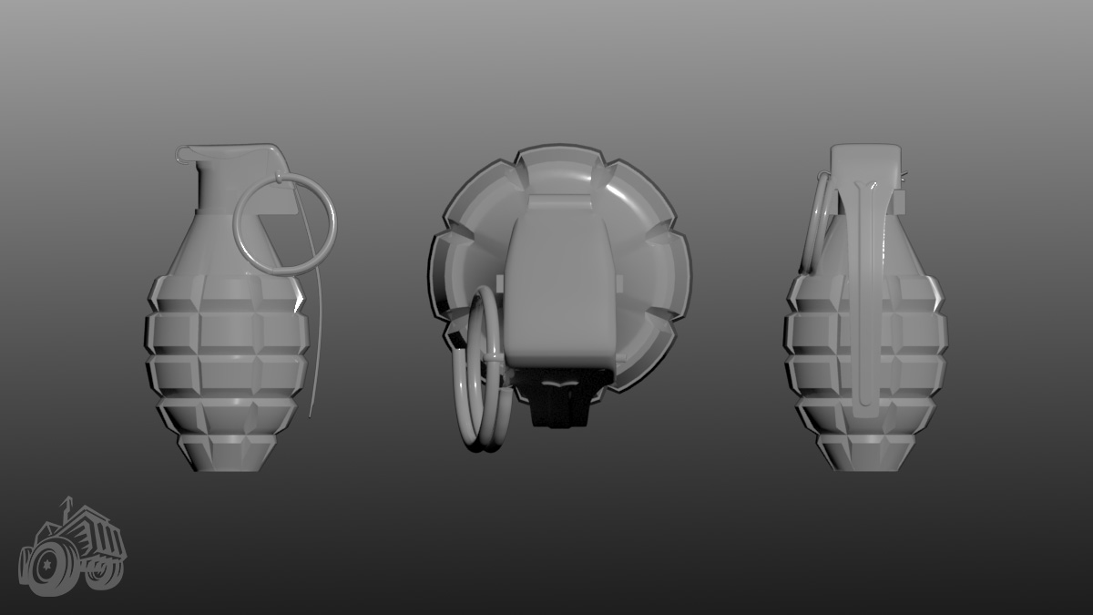 Front, top, and left views of an untextured low poly model of a hand grenade