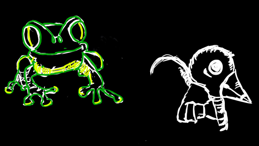 a quick digital sketch of a tree frog and a crow
