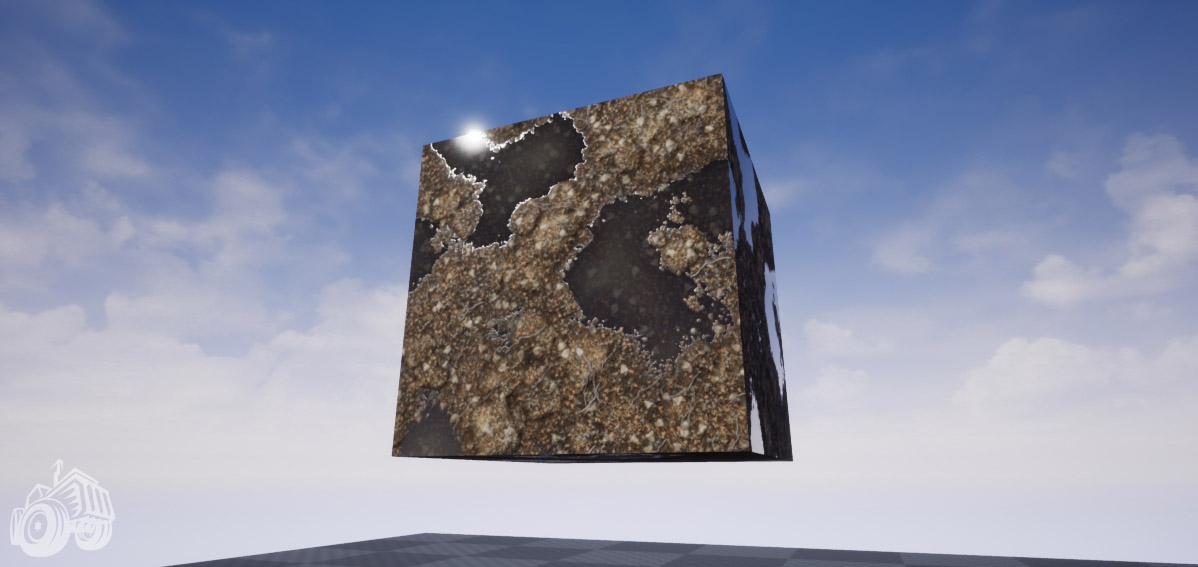textured cube with dirt and water, rendered in unreal engine 4
